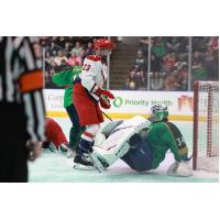 Allen Americans' Solag Bakich and Kalamazoo Wings' Jonathan Lemieux on the ice