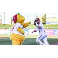 Jersey Shore BlueClaws Mascot Buster give a high five