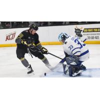 Iowa Heartlanders' Adam Goodsir battles Wichita Thunder's Trevor Gorsuch