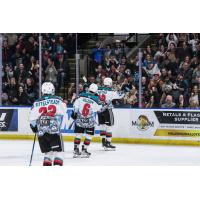 Kelowna Rockets' Ethan Mittelsteadt, Jackson Gillespie, and Ethan Neutens on game night