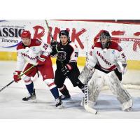 Allen Americans defenseman Eric Williams and goaltender Chase Perry vs. the Rapid City Rush