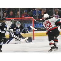 Wenatchee Wild's Daniel Hauser versus Kelowna Rockets' Gabriel Szturc