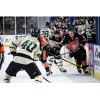 Utah Grizzlies' Aaron Aragon and Robbie Stucker versus Kansas City Mavericks' Jeremy McKenna