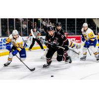 Red Deer Rebels' Kai Uchacz and Saskatoon Blades' Nicholas Andrusiak and Fraser Minten in action