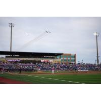 The Blue Angels fly over Blue Wahoos Stadium