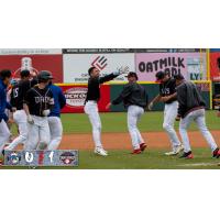 Hickory Crawdads celebrate a walk-off win