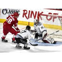 Allen Americans right wing Easton Brodzinski pressures the Idaho Steelheads' net