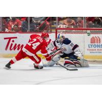 Saginaw Spirit goaltender Nolan Lalonde stuffs the Soo Greyhounds