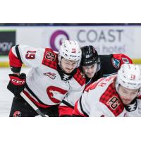 Prince George Cougars' Carlin Dezaindein and Koehn Ziemmer battle Kelowna Rockets' Luke Schelter