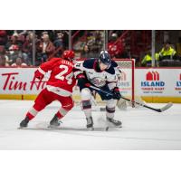 Soo Greyhounds' Justin Cloutier battles Saginaw Spirit's Josh Bloom