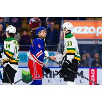 Kitchener Rangers' Hunter Brzustewicz congratulates London Knights' Jacob Julien