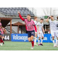 Atlético Ottawa defender Amer Didić after his goal against Cavalry FC