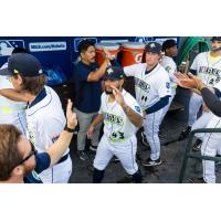 Eduardo Herrera of the Columbia Fireflies gets high fives in the dugout