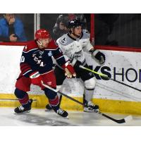 Allen Americans left wing Bennett MacArthur (left) vs. the Idaho Steelheads