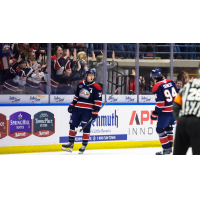 Saginaw Spirit center Hunter Haight reacts after his goal