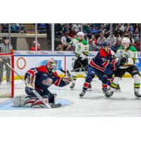 Saginaw Spirit goaltender Nolan Lalonde makes a stop