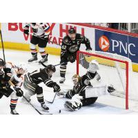 Lehigh Valley Phantoms press for a score against the Hershey Bears