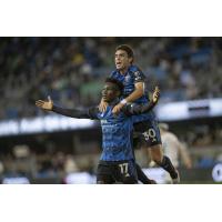 San Jose Earthquakes' Ousseni Bouda and Niko Tsakiris on game night