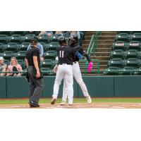 Hickory Crawdads' Yeison Morrobel congratulates teammate