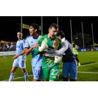 Atlanta United's Stian Gregersen, Efrain Morales, Josh Cohen, and Luis Abram celebrate win