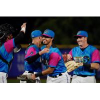 Pensacola Blue Wahoos exchange congratulations following a win