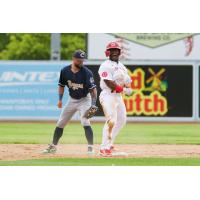 Miles Simington of the Winnipeg Goldeyes is safe at second