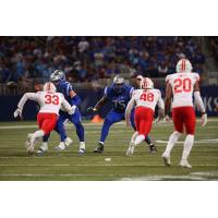 St. Louis Battlehawks offensive tackle Jaryd Jones-Smith (center) vs. the D.C. Defenders