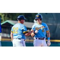 Montgomery Biscuits third baseman Brayden Taylor (right) gets a fistbump from manager Kevin Boles