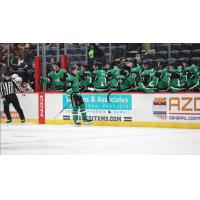 Texas Stars forward Chase Wheatcroft exchanges fist bumps along the bench