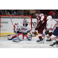 Peterborough Petes centre Colin Fitzgerald looks for an opening vs. the Oshawa Generals