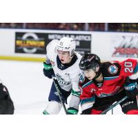 Kelowna Rockets' Kanjyu Gojsic and Seattle Thunderbirds' Samuel Charko on game night