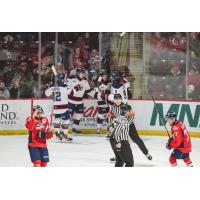 Saginaw Spirit gather after a goal against the Windsor Spitfires