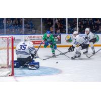 Wenatchee Wild's Brendan Gee, Lukas McCloskey, and Brendan Dunphy versus Swift Current Broncos' Carlin Dezainde