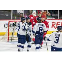 Worcester Railers' Matt DeMelis, Riley Ginnell, and Anthony Hora on game night