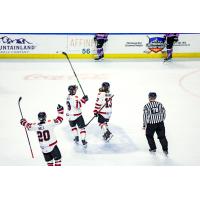 Rapid City Rush's Holden Wale, Mitchell Smith, and Ryan Wagner on the ice