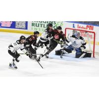 Wichita Thunder's Michal Stínil, Nolan Kneen, and Trevor Gorsuch battle Idaho Steelheads' Ryan Foss and Ty Pelton-Byce