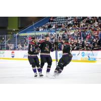 Tucson Roadrunners' Robbie Russo, Artem Duda, and Yegor Sokolov on game night