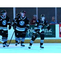 Wenatchee Wild forward Miles Cooper (right) leads his teammates to the bench following his goal