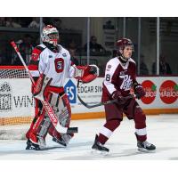 Peterborough Petes right wing Francis Parish in front of the Ottawa 67's net