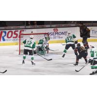 Texas Stars goaltender Magnus Hellberg stops a Chicago Wolves' shot