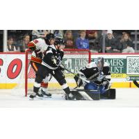 Wichita Thunder goaltender Trevor Gorsuch makes a stop