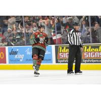 Jordan Kyrou of the San Antonio Rampage celebrates the eventual shootout-winning goal against the Iowa Wild