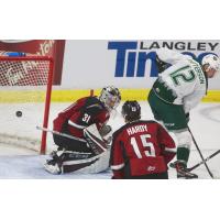 Vancouver Giants goaltender Trent Miner battles against the Everett Silvertips