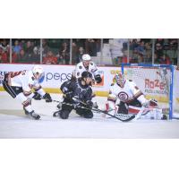 Adirondack Thunder forward Peter MacArthur celebrates a goal takes a shot at the Manchester Monarchs goal