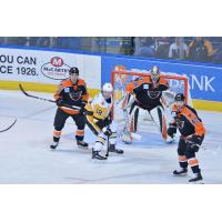 Lehigh Valley Phantoms goaltender Carter Hart readies himself against the Wilkes-Barre/Scranton Penguins