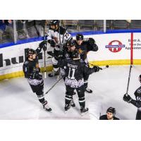 Utah Grizzlies celebrate a goal against the Rapid City Rush
