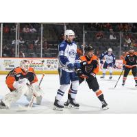 Lehigh Valley Phantoms' Cal Petersen  and Syracuse Crunch's Jack Finley on game night
