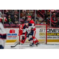Saginaw Spirit's Calem Mangone and Soo Greyhounds' Nolan Lalonde on game night