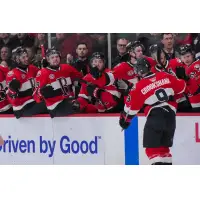 Belleville Senators' Angus Crookshank congratulated by team