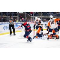 Saginaw Spirit left wing Calem Mangone reacts after a score against the Flint Firebirds
